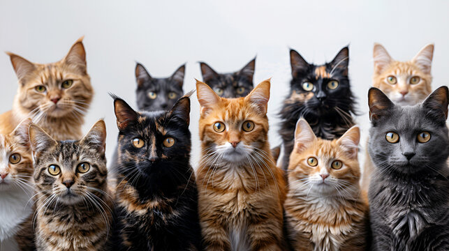 A pack of cats of varying breeds and sizes face the viewer, thousand cats, a lot cats looking to camera, GENERATIVE AI
