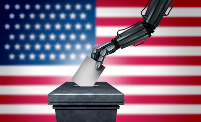 US Election Technology Security and United States AI Vote or American artificial intelligence in elections as a robot voter or USA Automated machine voting tech with a blurred background. - 770315111