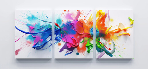 three panel wall art, marble background with blast holi colorful	