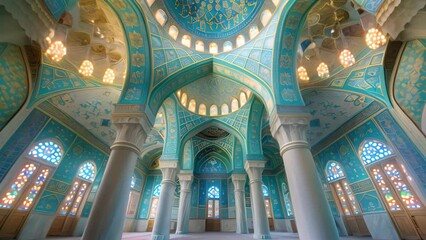 The interior of a modern mosque with traditional decorations. The concept of Islamic architecture and culture. - Powered by Adobe