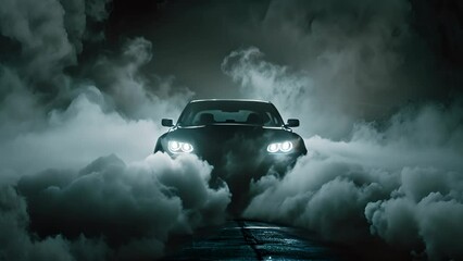 Car silhouette in smoke on dark background. Power and mystery in car presentation concept.