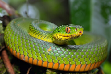 Obraz premium Arboreal ratsnake, red-tailed green rat snake, gonyosoma oxycephalum, Southeast Asia