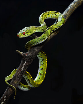 Arboreal ratsnake, red-tailed green rat snake, gonyosoma oxycephalum, black background. Symbol of chinese new year. Postcard with space for text for new year 