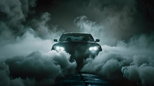 Car silhouette in smoke on dark background. Power and mystery in car presentation concept.