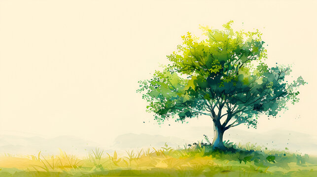 Watercolor set with cartoon tree, green grass lawn and bushes isolated on white background. Watercolor hand drawn illustration sketch, Generative Ai
