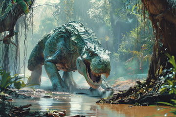 Tyrannosaurus Rex in the Jungle: The Roar of a Living Historical Monster - obrazy, fototapety, plakaty