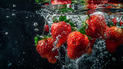 A bunch of ripe strawberries with water droplets falling on black background - Powered by Adobe