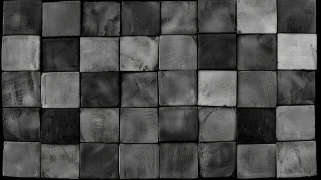 A black and white photo of a wall made of gray tiles