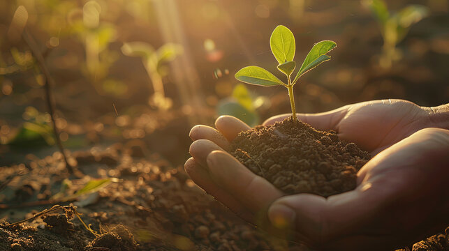 Hands nurturing a young plant with care set against a nature