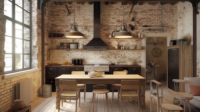 Hybrid modern vintage home decor modern rustic kitchen interior with wooden table brick wall cabinets pendant lights cozy home design timber and brick interior concept