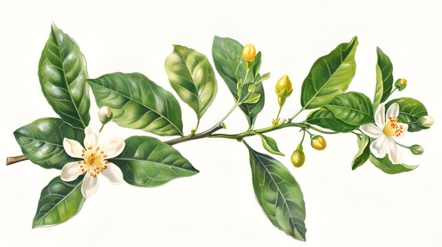 botanical illustration of Citrus Auran Antique nature color image: Erythroxylon coca Citrus aurantium Bitter orange, Seville orange, sour orange, Generative Ai