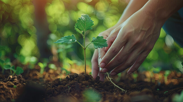 Hands nurturing a young plant with care set against a nature
