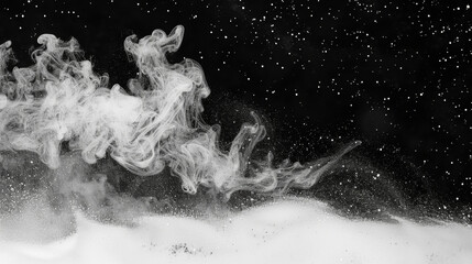 A black and white photo of smoke and snow. The photo has a moody and mysterious feel to it