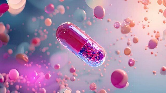 Exploding medicine capsule on colorful background. Medical innovation concept.