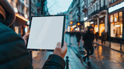 a man holding tablet with blank white screen on tablet, city street background