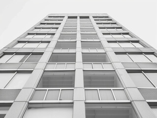 A tall building with many windows and a gray color