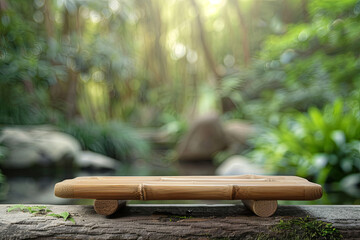 Natural Bamboo Podium on zen garden background