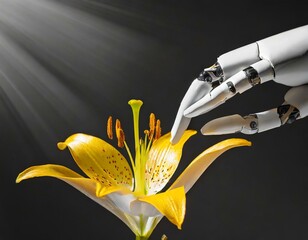 A robot hand equipped with a brush gently pollinating the bright yellow stamen of a lily, an allegory for the role of technology in supporting agricultural processes.