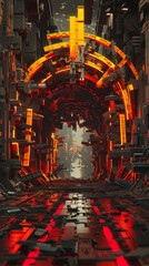 A futuristic tunnel with a red glow. The tunnel is made of metal and has a futuristic feel to it