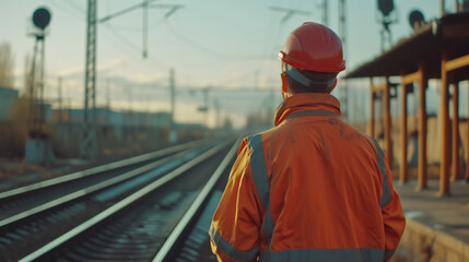 a man wearing orange safety gear is standing at the railroad tracks