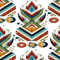 Seamless ethnic pattern design with geometric oriental ikat motifs. Traditional ethnic design inspired by Mexican, American, Latin, African, and Indian fabric and embroidery.