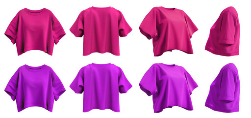 2 Set of magenta purple pink woman loose cropped midriff tee t shirt round neck front, back and side view on transparent background cutout, PNG file. Mockup template for artwork graphic design - obrazy, fototapety, plakaty