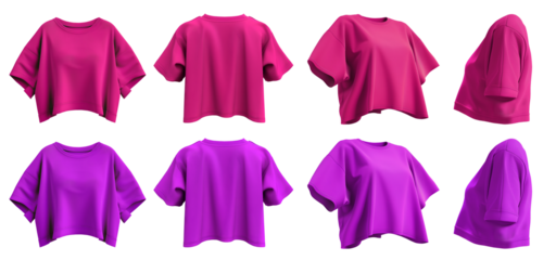 2 Set of magenta purple pink woman loose cropped midriff tee t shirt round neck front, back and side view on transparent background cutout, PNG file. Mockup template for artwork graphic design