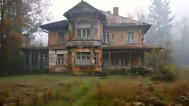 An abandoned house in fog with surrounding vegetation. The concept of decay and oblivion.