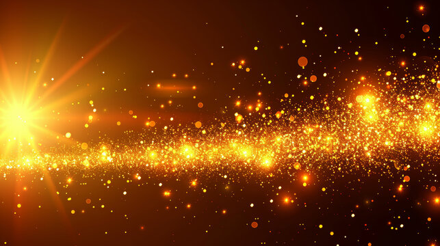 A bright yellow light shines on a dark background, illuminating a stream of gold glitter. The glitter is scattered throughout the scene, creating a sense of movement and energy