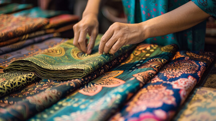 Fototapeta na wymiar Hands of a person sifting through various patterned and colorful fabrics in a market stall
