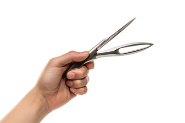 Person Holding Pair of Scissors. On a White or Clear Surface PNG Transparent Background.
