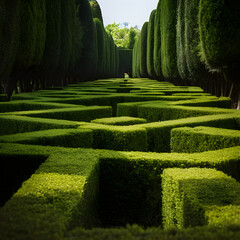 Intricate Green Hedge Labyrinth Enthralling in Sunlit Garden