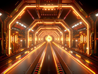A tunnel with neon lights and a glowing ball in the middle. The tunnel is long and narrow, with a bright orange glow. The ball is the center of attention, drawing the eye
