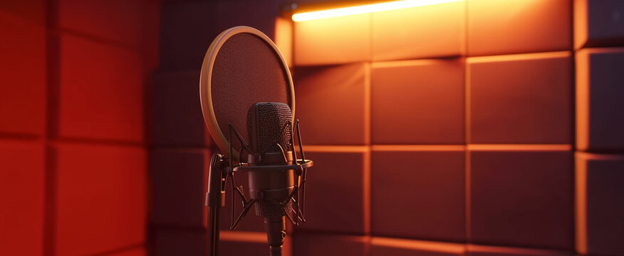 A microphone in a recording studio with some music equipment