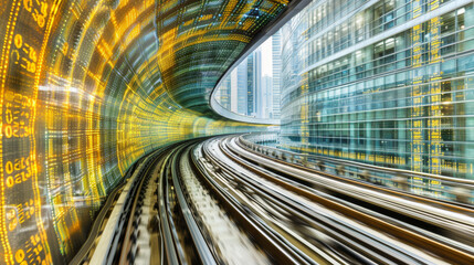 A train is traveling down a track with a city in the background. The train is surrounded by a yellow and green tunnel - obrazy, fototapety, plakaty