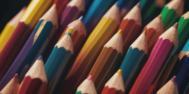 Close-up of Colored Pencils in a Row. A close-up photo of sharpened colored pencils lined up in a row. The pencils have a rainbow of colors, including red, orange, yellow, green, blue, in
