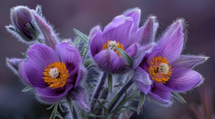 Flowers of the windflower or pulsatilla patens. First spring blooming flower