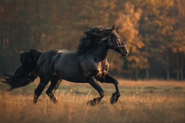 A majestic Friesian horse trotting gracefully across a sunlit pasture. - obrazy, fototapety, plakaty