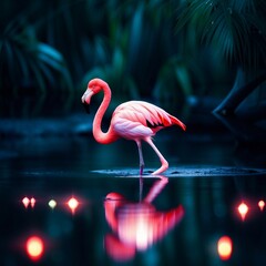 Generative AI. Premium art of flamingo standing in water at night with fireflies around at night. Beautiful pink colored animal. 