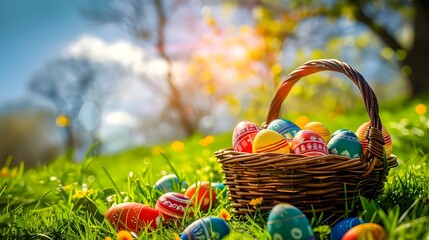 happy easter , Basket of easter eggs on green grass at sunny day. easter eggs concept, Basket of easter eggs on green grass at sunny day ai generated 