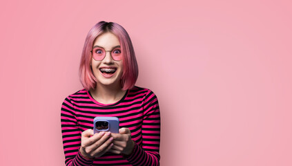 Excited surprised shocked astonished very happy pink haired funny woman wear braces sunglasses eye...