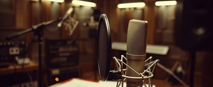 a microphone in a recording studio with some music equipment
