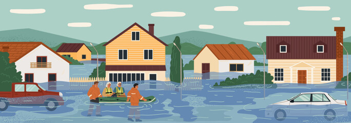 Rescue team saving flood victims vector illustration
