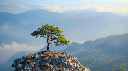 A lone tree standing tall on a mountain peak, symbolizing the sense of accomplishment after overcoming challenges.  - obrazy, fototapety, plakaty