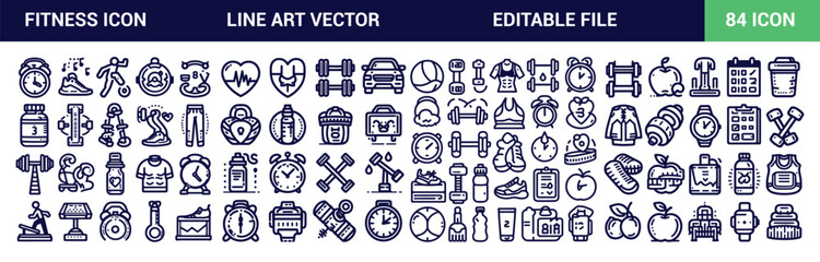 Fitness icon set, with editable vector stroke icon set, gym, and health care. Outline symbol collection. Simple vector illustration