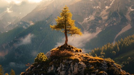 A lone tree standing tall on a mountain peak, symbolizing the sense of accomplishment after overcoming challenges. 
