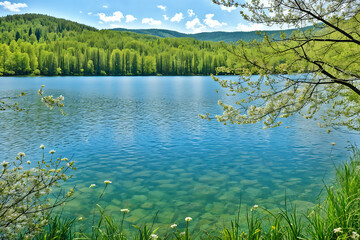 Scenery of a spring lake Generative Ai