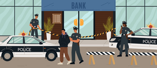 Police officers arresting bank robbers vector scene - obrazy, fototapety, plakaty