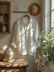 White Linen Shirt On Wooden Hanger, Teal Wall Background, Light Shadows