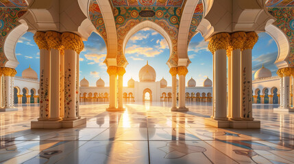 a mosque in abu dhabi at sunset time - obrazy, fototapety, plakaty